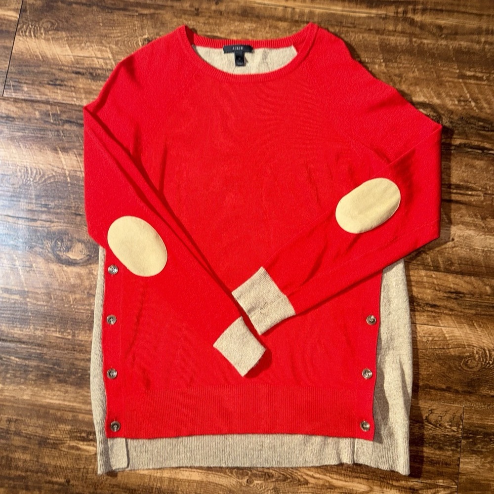 J. Crew Red Tan Elbow Patch Side Button Wool Rabbit Hair Blend Sweater Medium